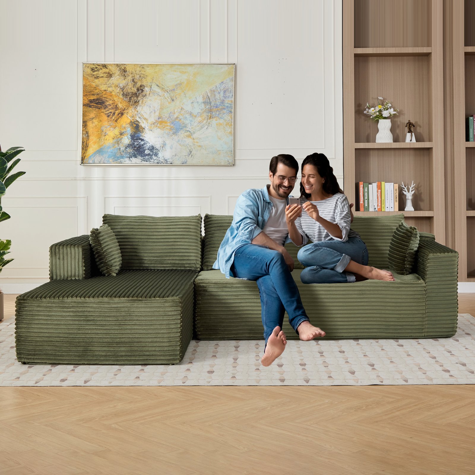 Compression Sectional Couch With Comfy Chaise, Boneless L Shape Sofa With Deep Seat, Minimalist Modular Couches Sleeper - Green - Image 8