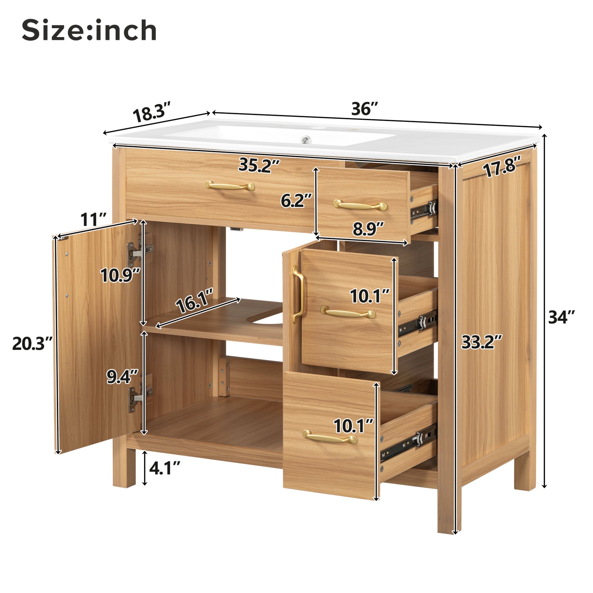 Bathroom Vanity, 2 Soft Close Doors, 3 Soft Close Drawers, Adjustable Shelf - Wood - Image 3
