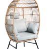 Outdoor Garden Wicker Egg Chair And Footstool Patio Chaise, With Cushions, Outdoor Indoor Basket Chair - Blue / Neutral - Image 6