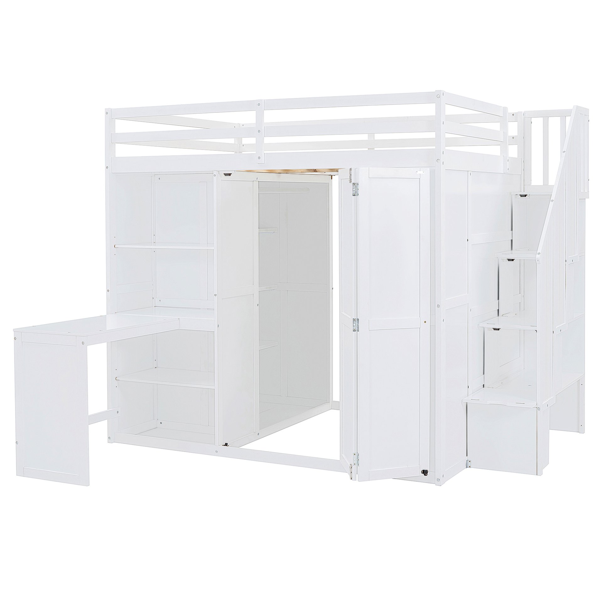 Full Size Loft Bed With Wardrobe, Desk And Shelves - White - Image 7