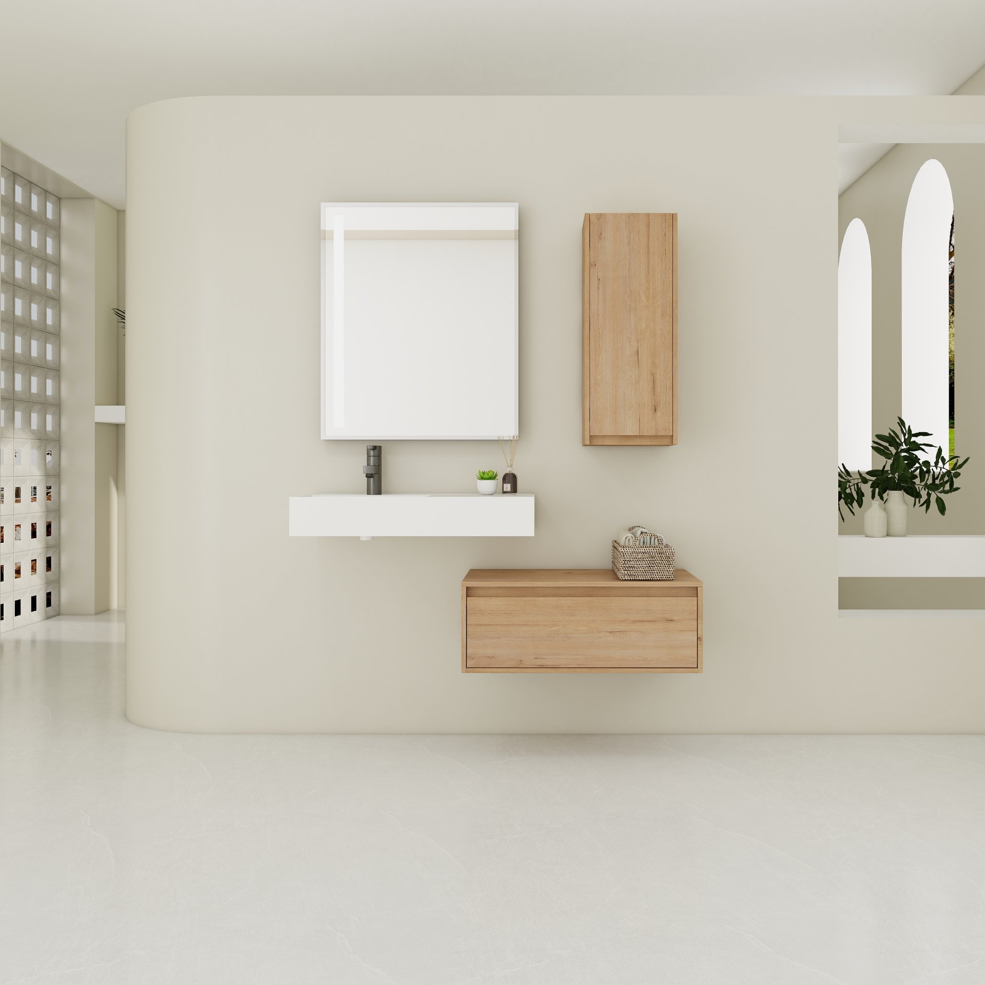 Modern Wall Mounted Bathroom Vanity With Resin Sink And Side Cabinet, Soft Close Drawer, Imitative - Imitative Oak - Image 2