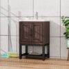 Modern Freestanding Bathroom Vanity With Ceramic Sink, Hot And Cold Faucet, 2 Door Cabinet & Open Iron Shelf, Magnesium Oxide And Iron Frame - Walnut - Image 5