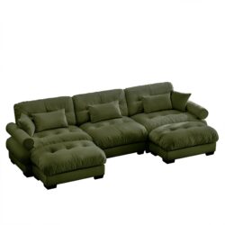 U Shape Modular Sectional Sofa Couch & Movable Ottomans Velvet Upholstery 3 Seat Corner Sofa - Olive Green