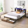 Contemporary King Size Metal Platform Bed Frame With Wooden Headboard And Footboard USB Charging LED Lights Storage & - Black / Brown - Image 2