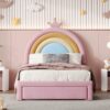 Twin Size Upholstered Rainbow Design Bed, Velvet Princess Platform Bed With Storage Drawer, No Box - Spring Needed - Colorful / Pink - Image 2