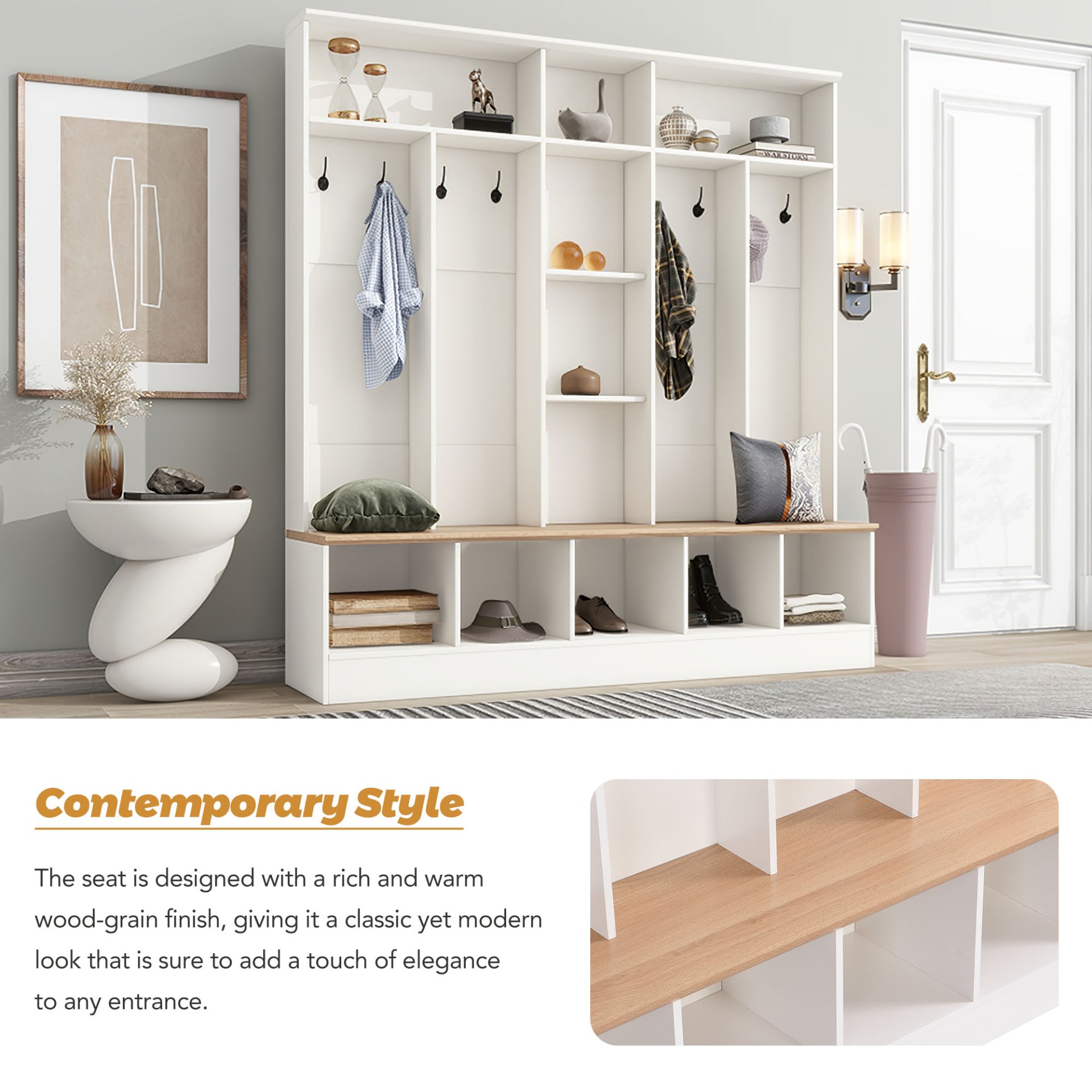 Wide Design Hall Tree With Storage Bench, Minimalist Shoe Cabinet With Cube Storage & Shelves, Multifunctional Coat Rack With 8 Hooks For Entryways, Mudroom - White - Image 5