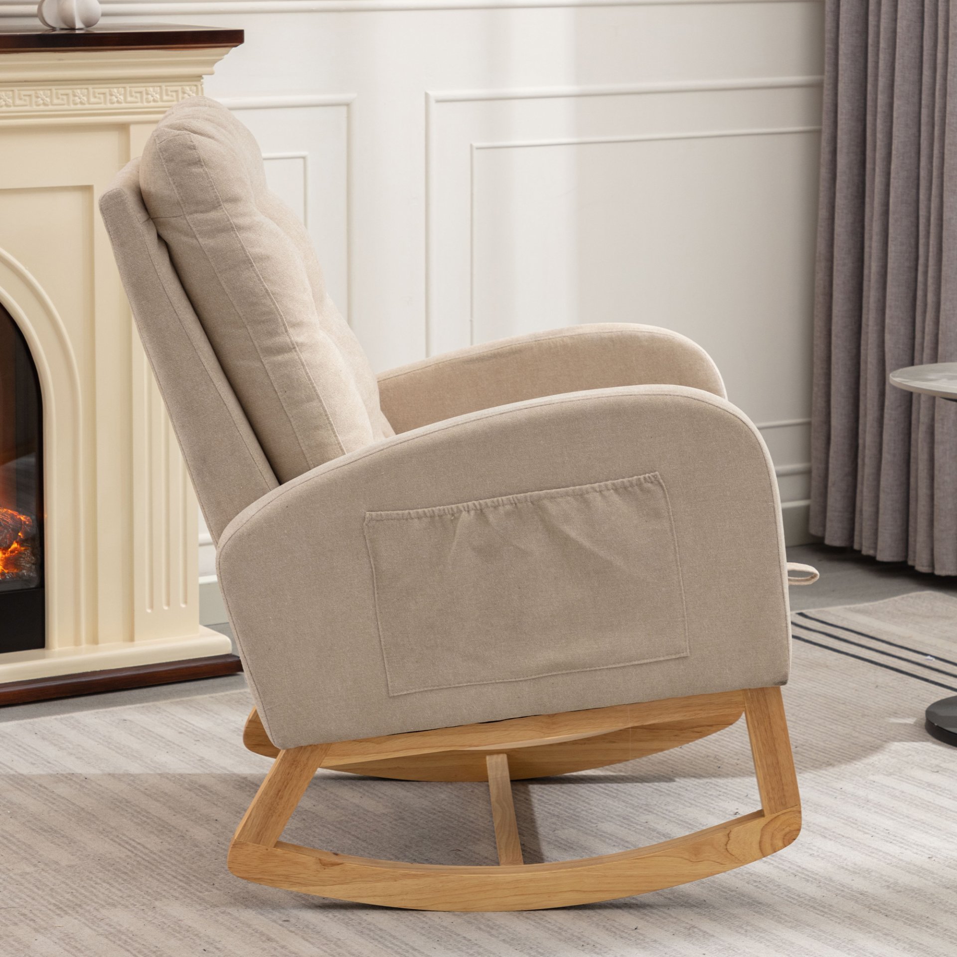 Accent Rocking Chair With Footrest High Back Rubber Wood Rocking Legs Bedroom Living Space - Beige - Image 10