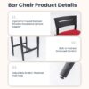 5 Pieces Outdoor Patio Bar Set, Rounded Square Table & 4 Bar Stools - Ember Black Frame / Greek White Marble-Inspired Sintered Stone - Image 6