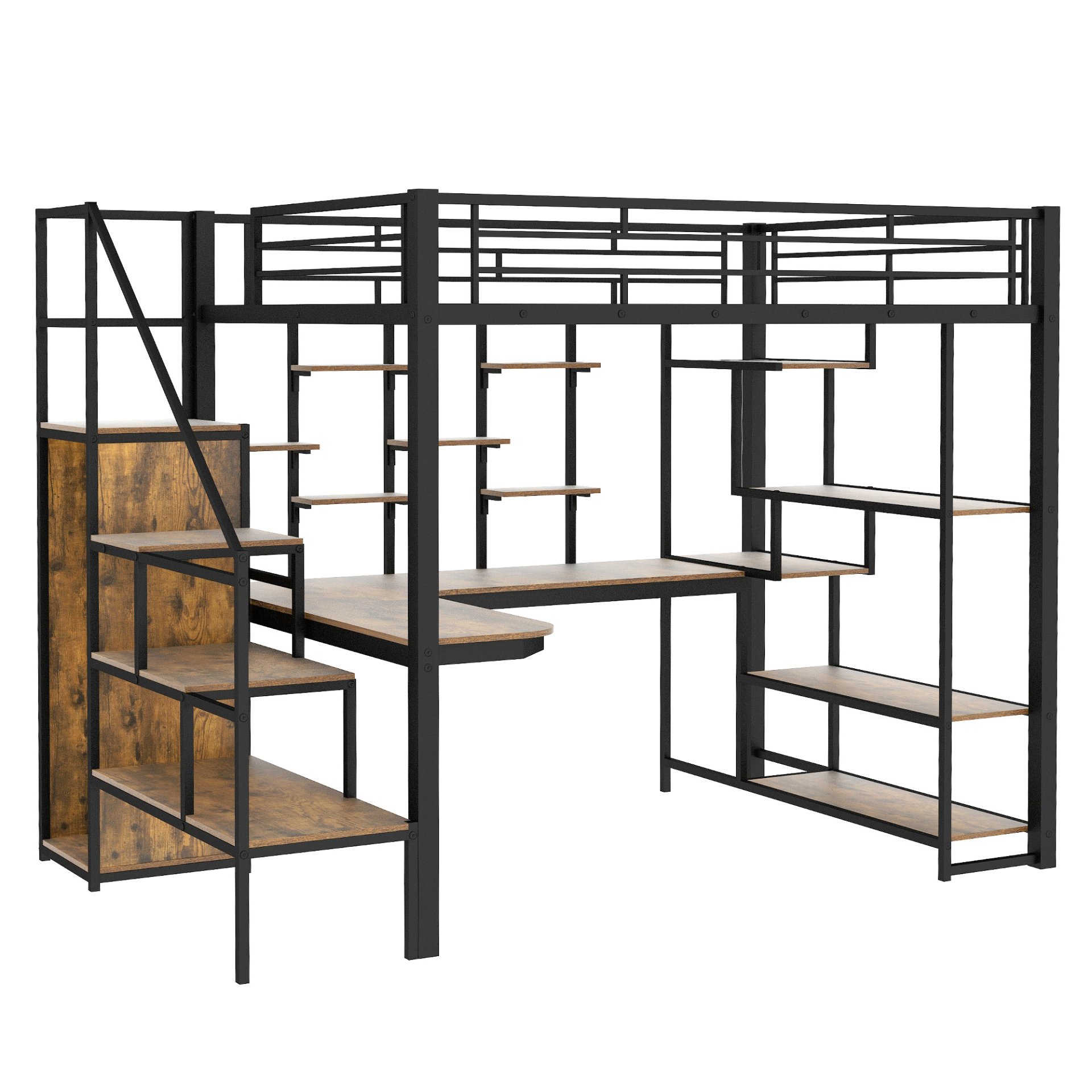 Full Size Metal Loft Bed With Storage Staircase And Small Wardrobe, Built - In Desk And Storage Shelves - Black - Image 12