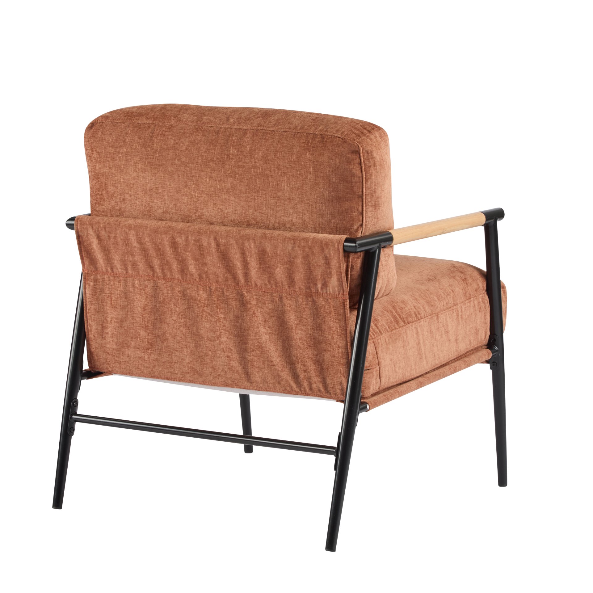 Modern Accent Chair With Plush Cushions, Minimalist Metal Frame, Wooden Armrest Design - Orange - Image 14