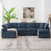 Modern Modular Cloud Sofa Bed, 6 Seat Chenille Sectional Couch Set With Ottoman, Free Combination, Convertible U Shaped Sleeper Sofa - Dark Blue - Image 17