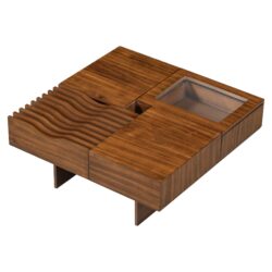 Mid Century Modern Coffee Table, Unique Square Wooden Coffee Table With 3 Drawers, Tempered Glass And Solid Wood Legs For Living Room - Brown