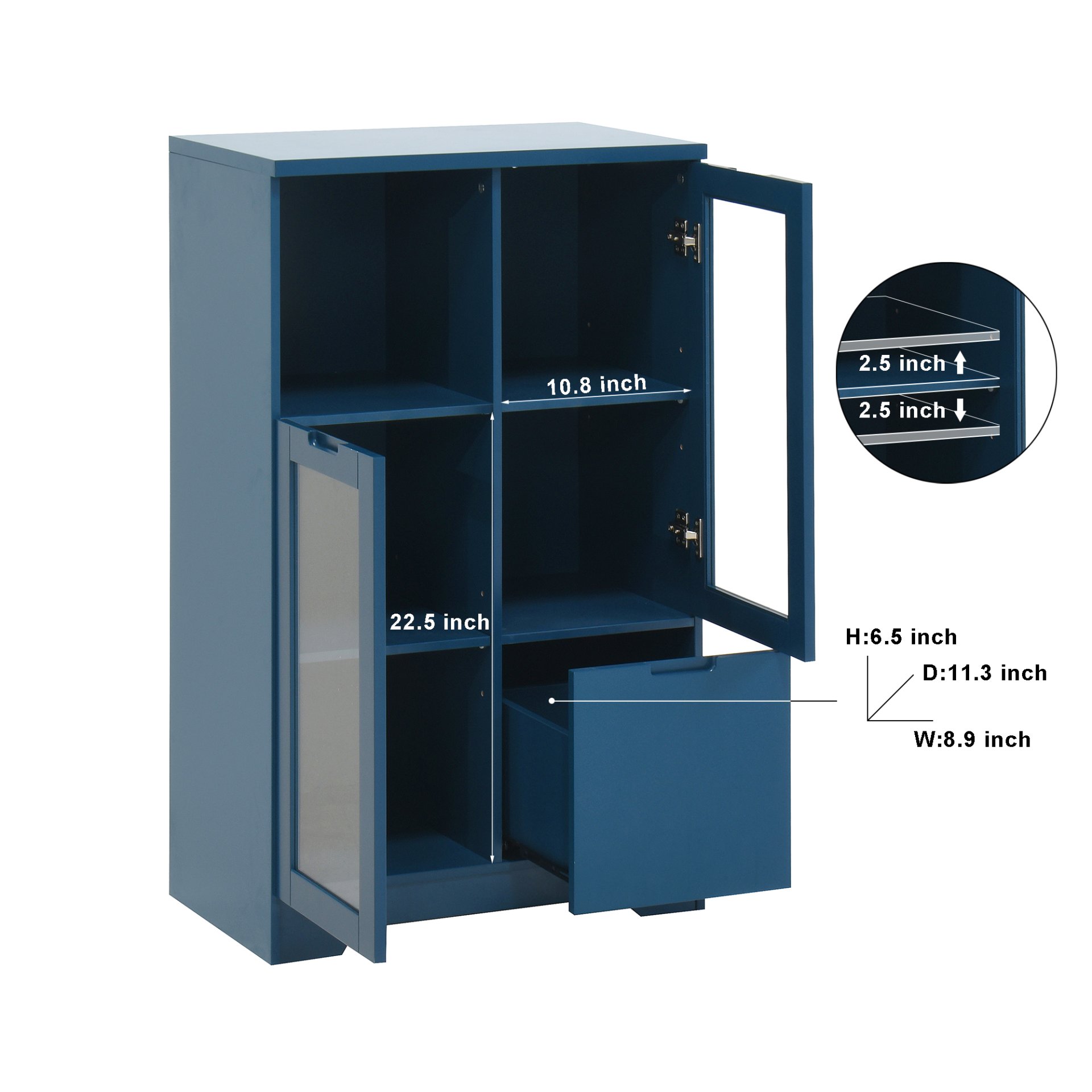 Painted Cabinet With Glass Doors, Drawer, And Open Storage Space For Bedroom And Living Room - Navy Blue - Image 13