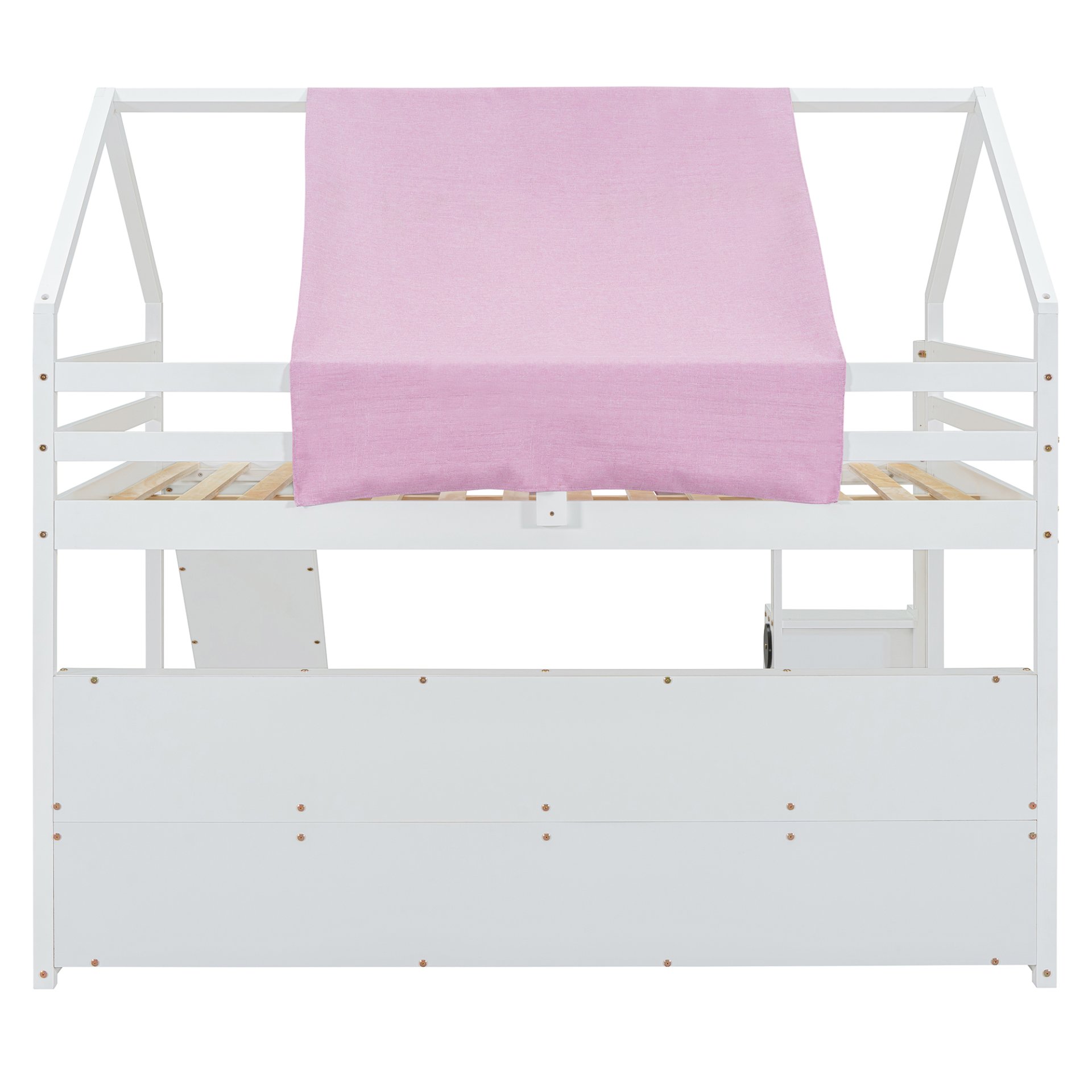 Full Size Loft Bed With House Shaped Frame And Tent - White / Pink - Image 15