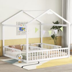Double Twin House-Style Floor Bed With Fence, Guardrails, Without Door - White