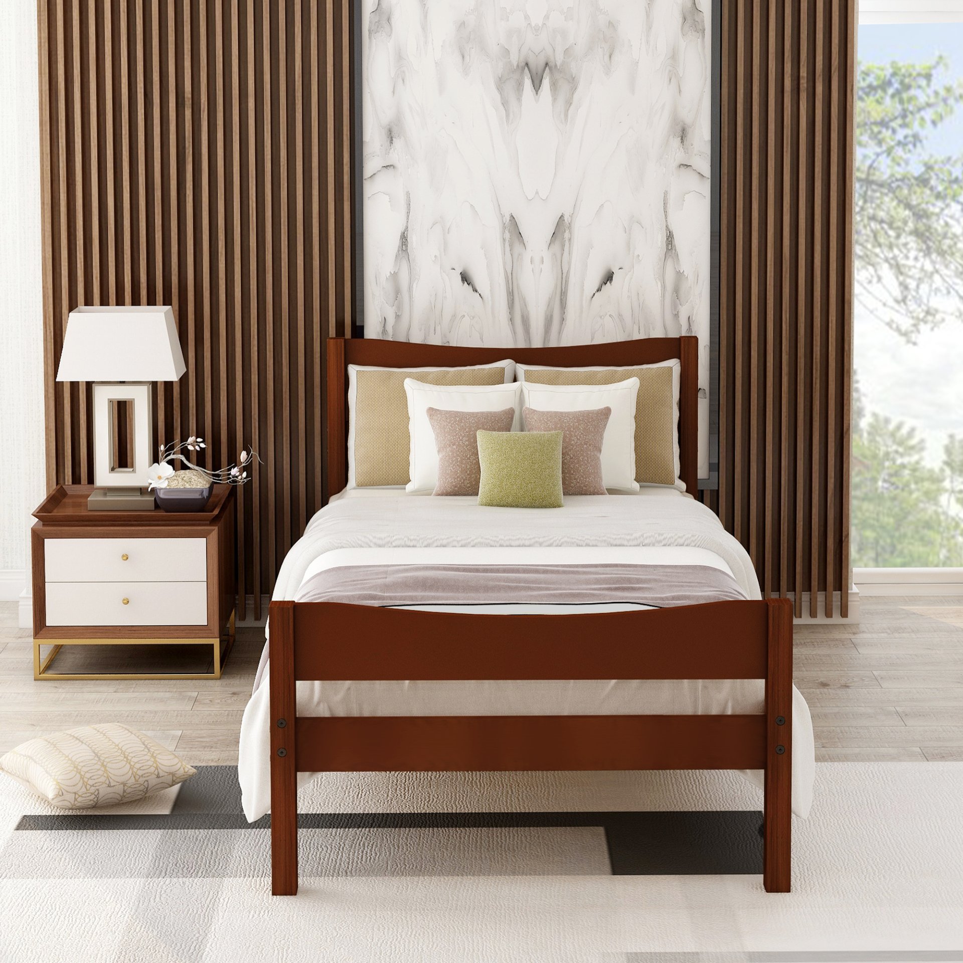 Twin Size Platform Bed With Headboard And Slat Support - Walnut - Image 4