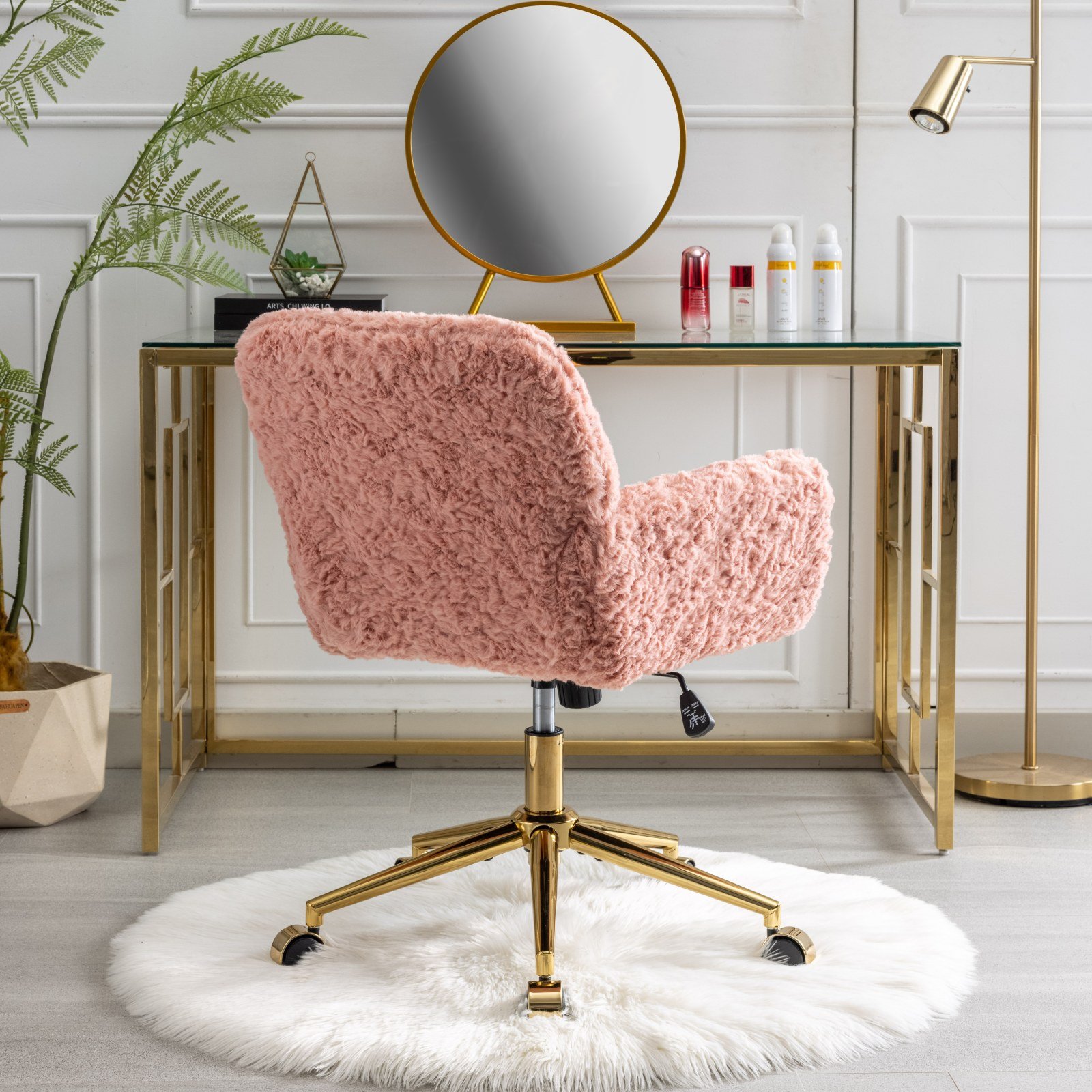 Office Chair, Artificial Rabbit Hair Home Office Chair With Golden Metal Base, Adjustable Desk Chair Swivel Office Chair, Vanity Chair - Pink - Image 18