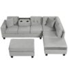 Modern Sectional Sofa With Storage Ottoman, L - Shape Couch With 2 Pillows And Cup Holders - Gray - Image 13