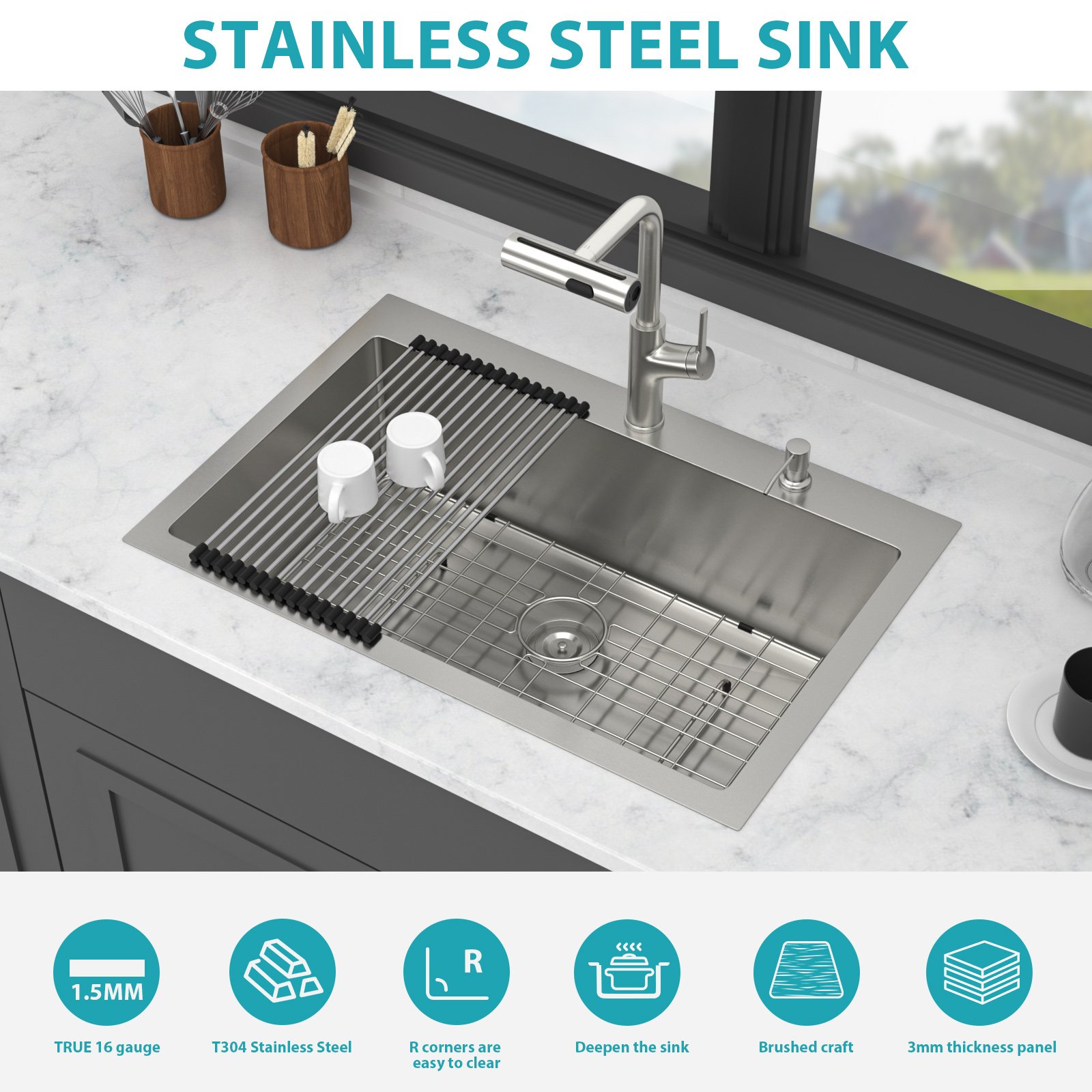 30" Single Bowl Drop In Kitchen Sink With Pull Out Faucet And Soap Dispenser - Brushed Nickel - Image 10