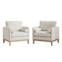 Wide Modern Farmhouse Performance Accent Chair With Natural Wood Legs, Wood Base Reading Armchair Single Sofa With 2 Bolster Pillows For Living Room Offices And Lounge - Ivory
