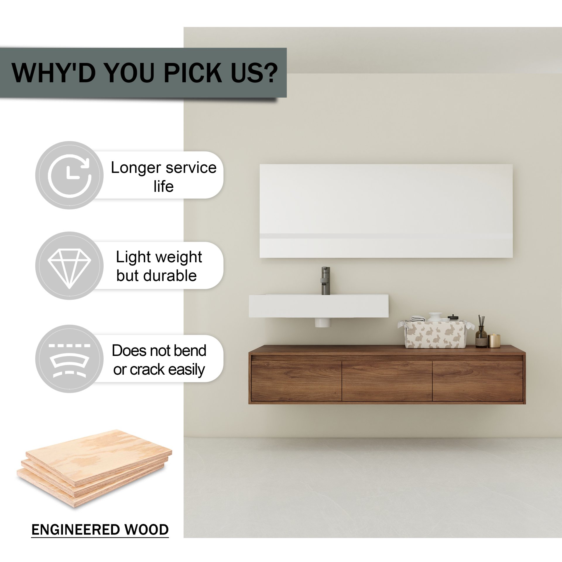 Modern Wall Mounted Bathroom Vanity With Resin Sink And Soft Close Drawer - Brown Ebony - Image 8