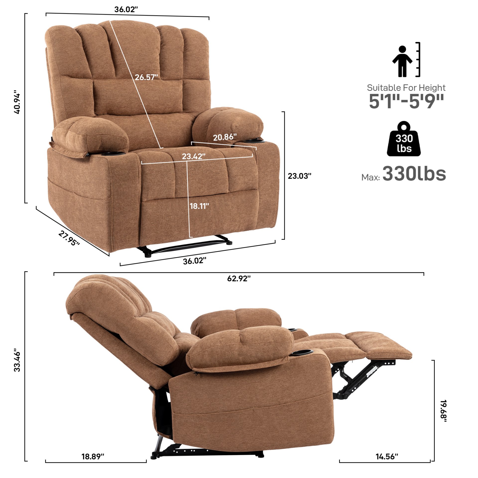 Massage Recliner Chair Sofa With Heating Vibration - Brown - Image 7