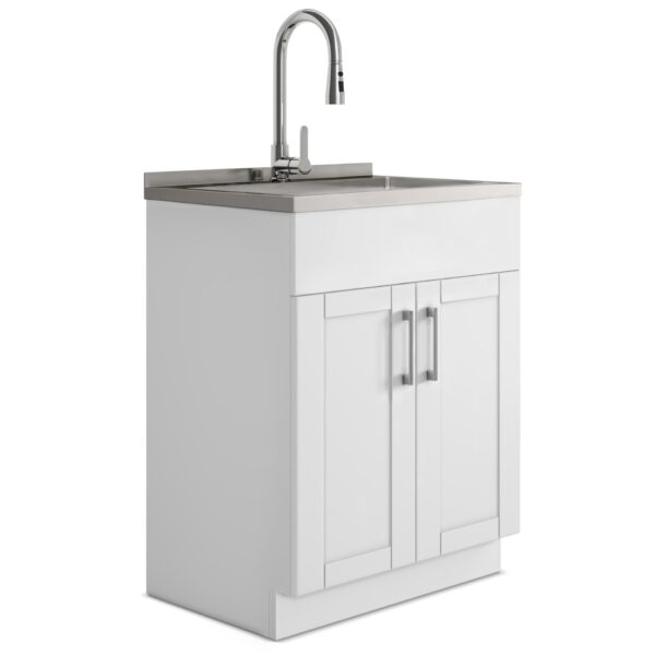 Shaker - Modern, Wide Laundry Cabinet With Faucet And Stainless Steel Sink - White