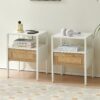 Rattan End Table With Power Outlet & USB Ports, Modern Nightstand With Drawer And Metal Legs, Side Table For Living Room, Bedroom (Set of 2) - White - Image 4