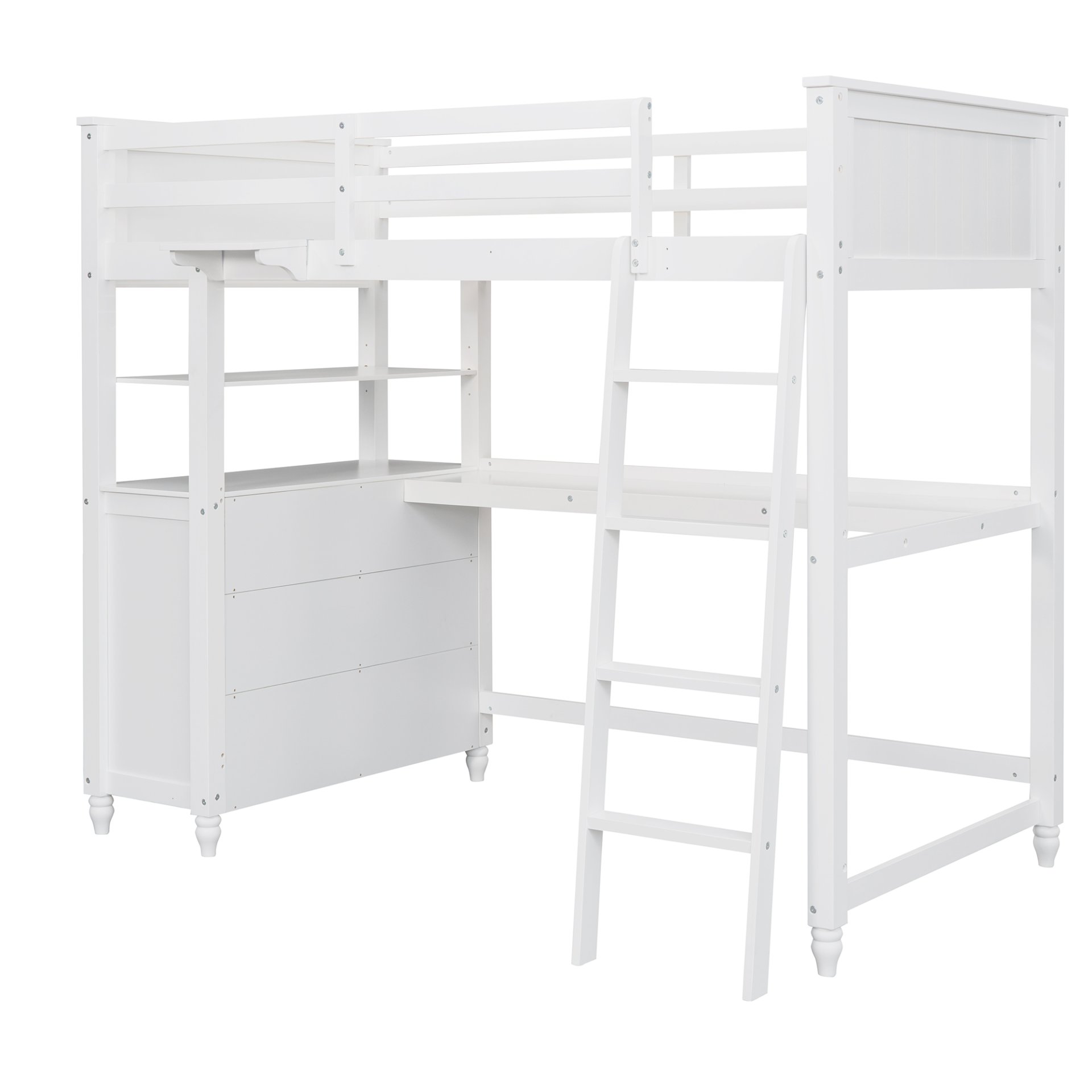 Twin Size Loft Bed With Drawers And Desk, With Shelves - White - Image 6
