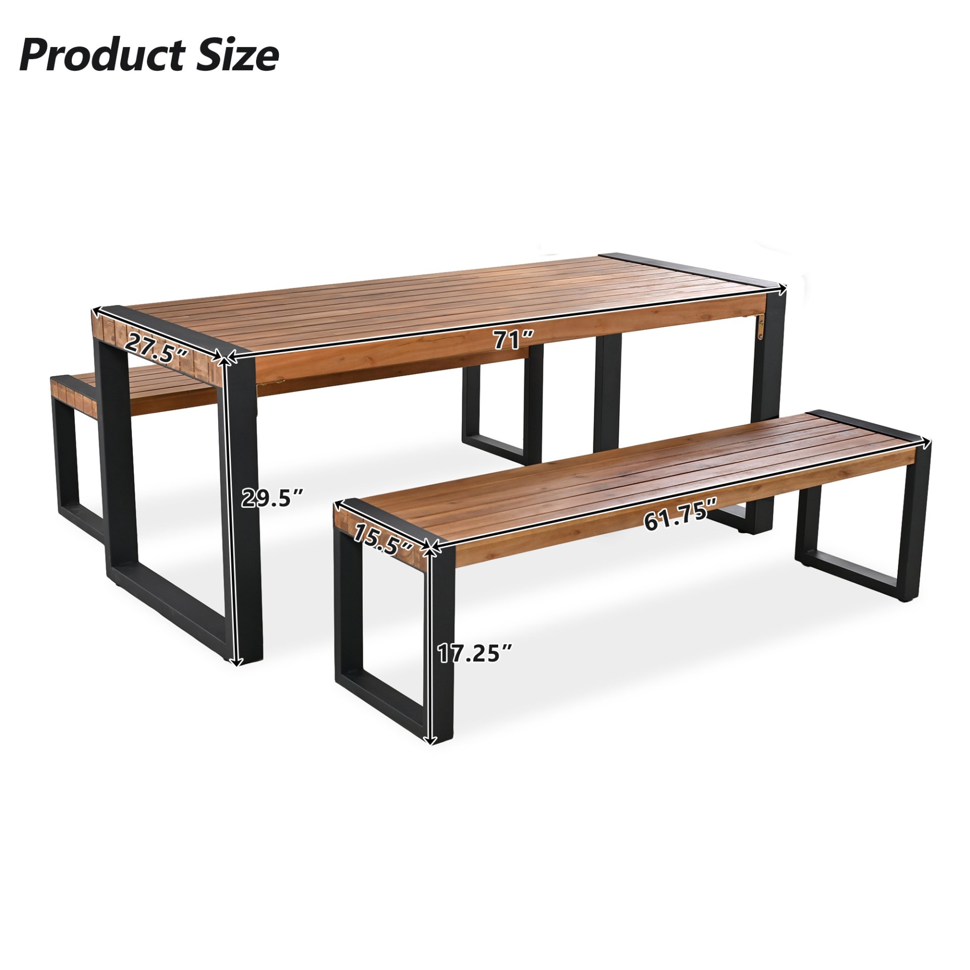 3 Pieces Outdoor Dining Table With 2 Benches, Patio Dining Set With Unique Top Texture, Acacia Wood Top & Steel Frame, All Weather Use, For Outdoor & Indoor - Natural - Image 17