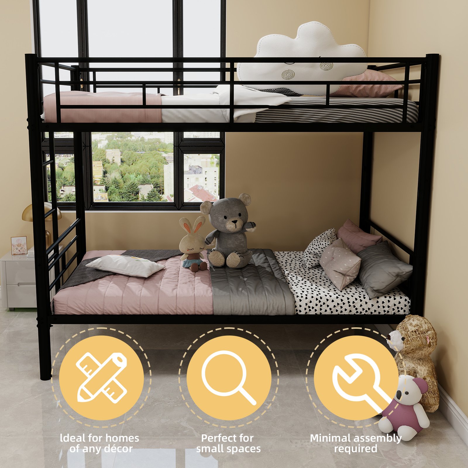 Twin Over Twin Bunk Bed For Kids, Convertible Frame With Ladders & Guardrail - Black - Image 5