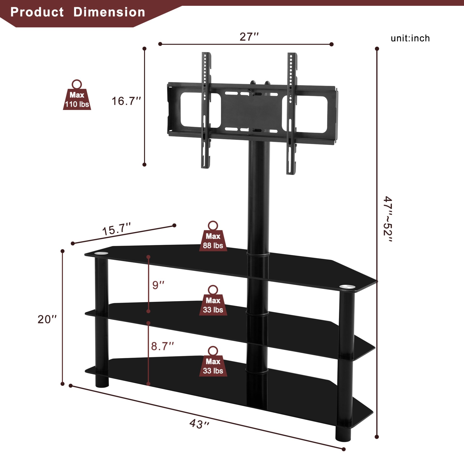 43.3" Multi-Function TV Stand Height Adjustable Bracket Swivel 3 Tier - Black - Image 3
