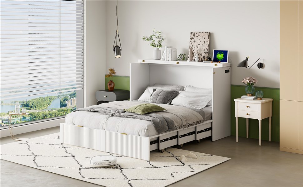 Full Size Murphy Bed With Drawer And A Set Of Sockets & USB Ports, Pulley Structure Design - White - Image 23