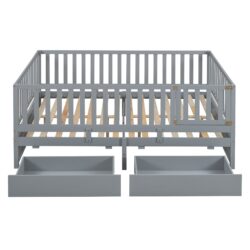 Full Size Daybed With Fence Guardrails And 2 Drawers - Gray