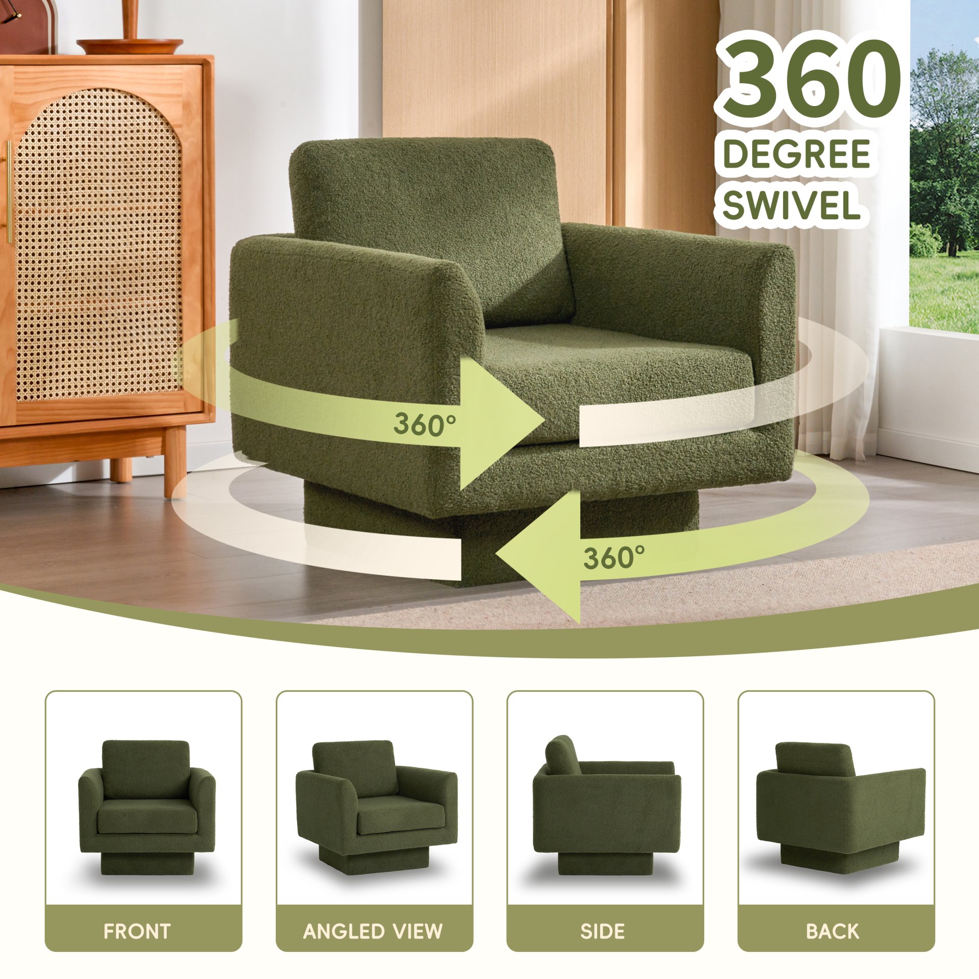 360° Modern Swivel Accent Chair Round Armchair, Thick Padded Single Lounge Sofa Upholstered Comfy - Green - Image 4