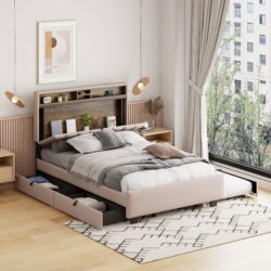 Full Size Upholstered Platform Bed With Storage Headboard, Twin Size Trundle & 2 Drawers And A Set Of Sockets & USB Ports - Beige