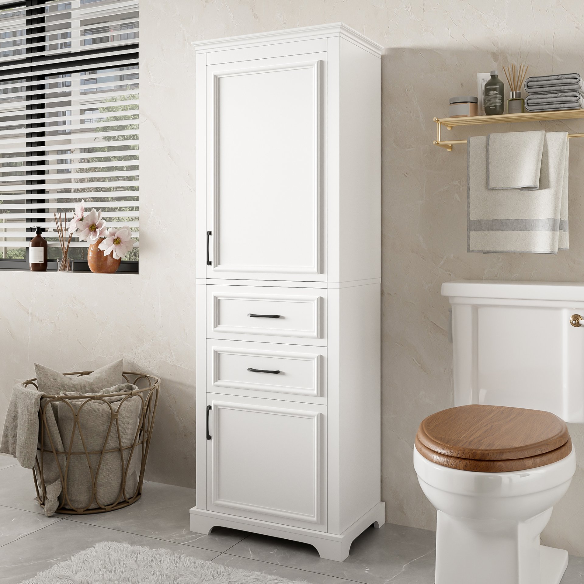 Freestanding Bathroom Vanity Tall With Damping Hinge Doors, Adjustable Shelves - White - Image 4