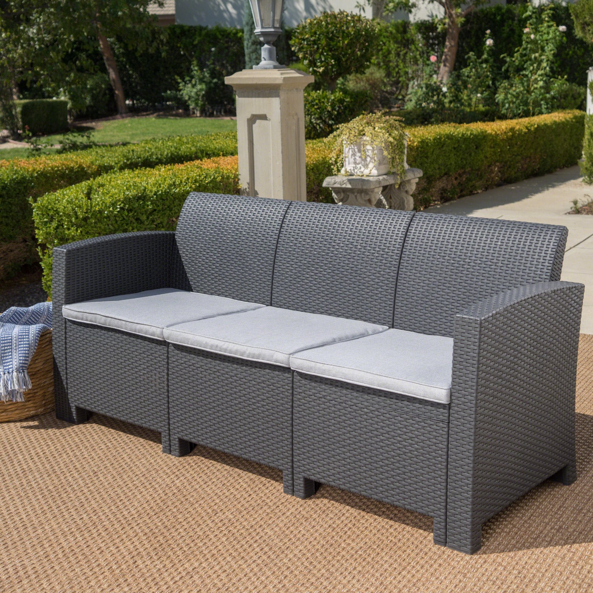 Outdoor 3 Seater Rattan Sofa With Water Resistant Cushions - Gray - Image 8