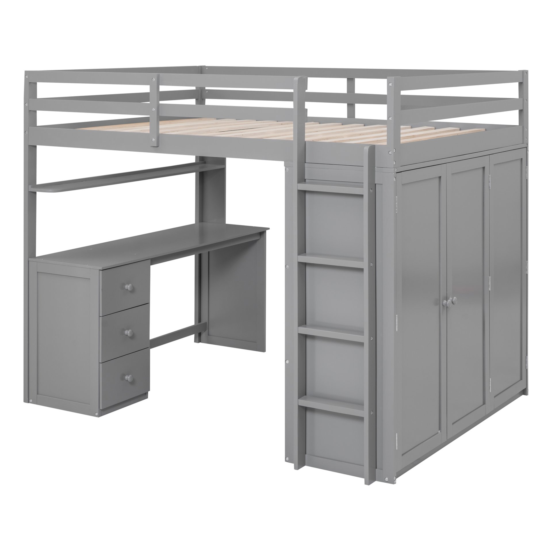 Full Size Loft Bed With Drawers, Desk, And Wardrobe - Gray - Image 4