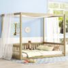 Full Size Canopy Frame Floor Bed With Fence, Guardrails - Natural - Image 8