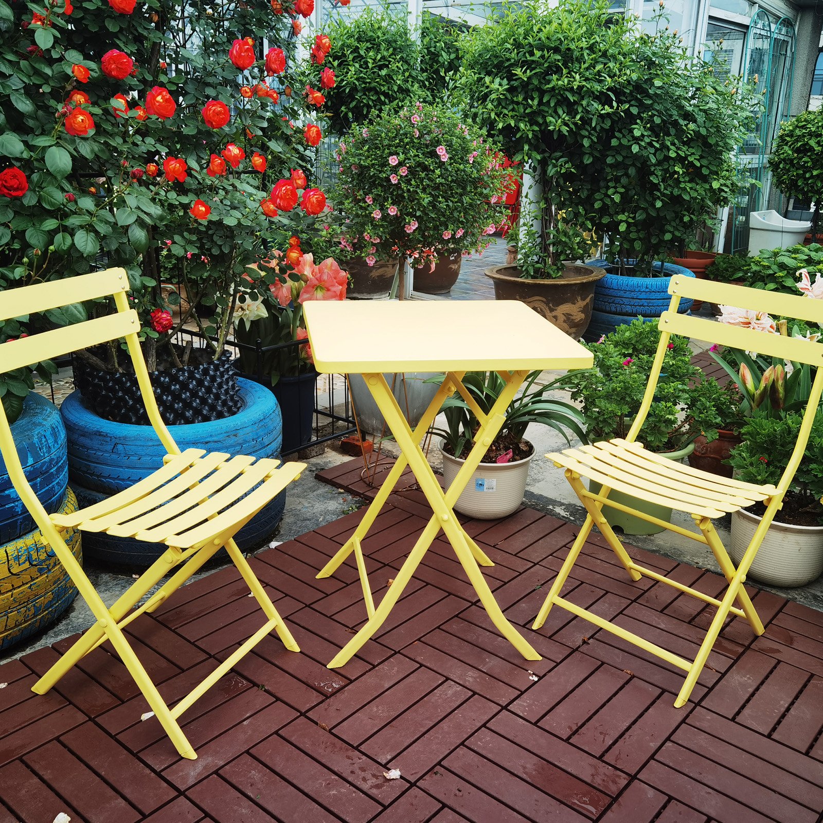 3 Piece Patio Bistro Set Of Foldable Square Table And Chairs - Yellow - Image 4