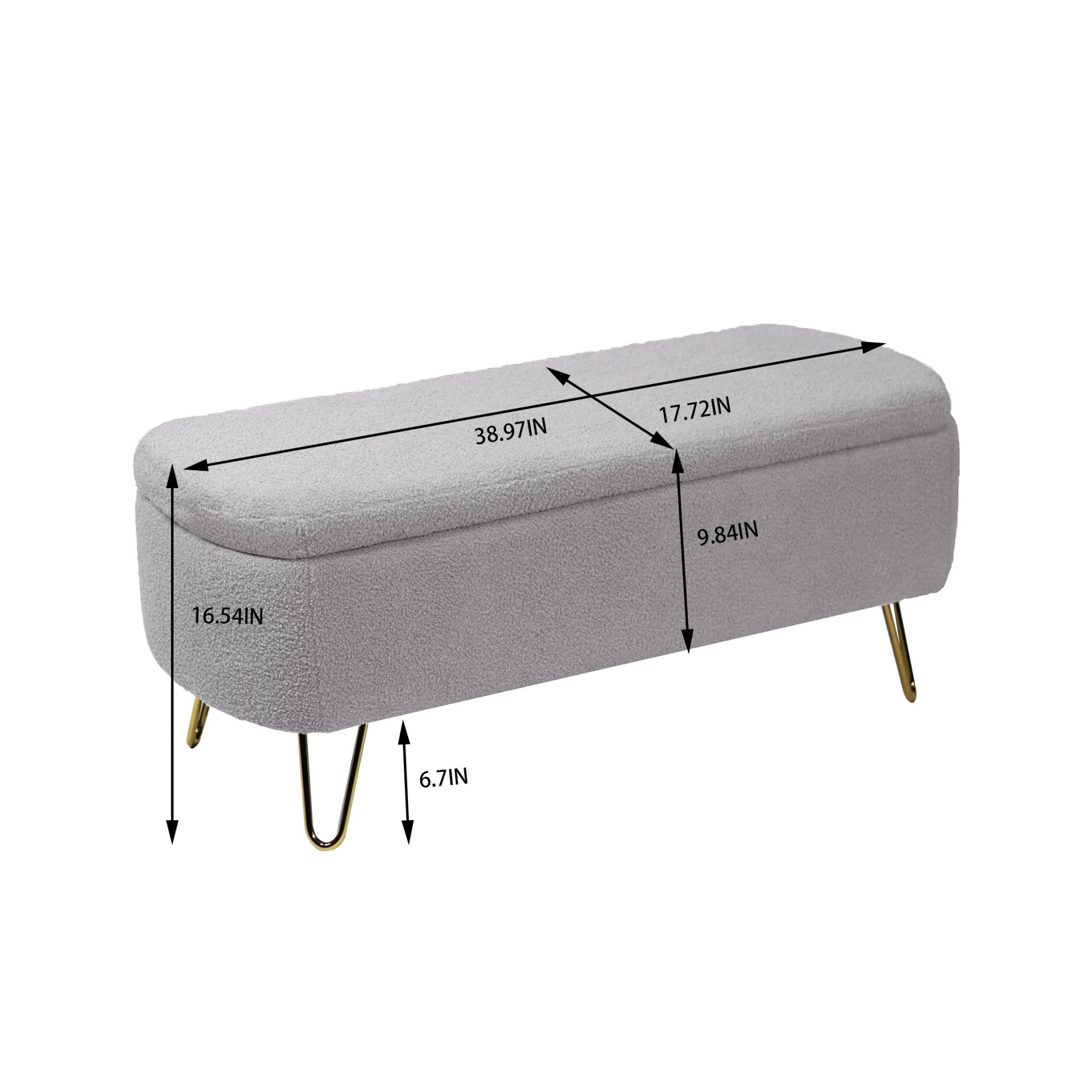 Storage Ottoman Bench For End Of Bed Gold Legs, Modern Gray Faux Fur Entryway Bench Upholstered Padded With Storage For Living Room Bedroom - Gray - Image 3