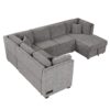 U-Shaped Sectional Sofa Pull Out Sofa Bed With Two USB Ports, Two Power Sockets, Three Back Pillows And A Storage Chaise For Living Room - Light Gray - Image 17