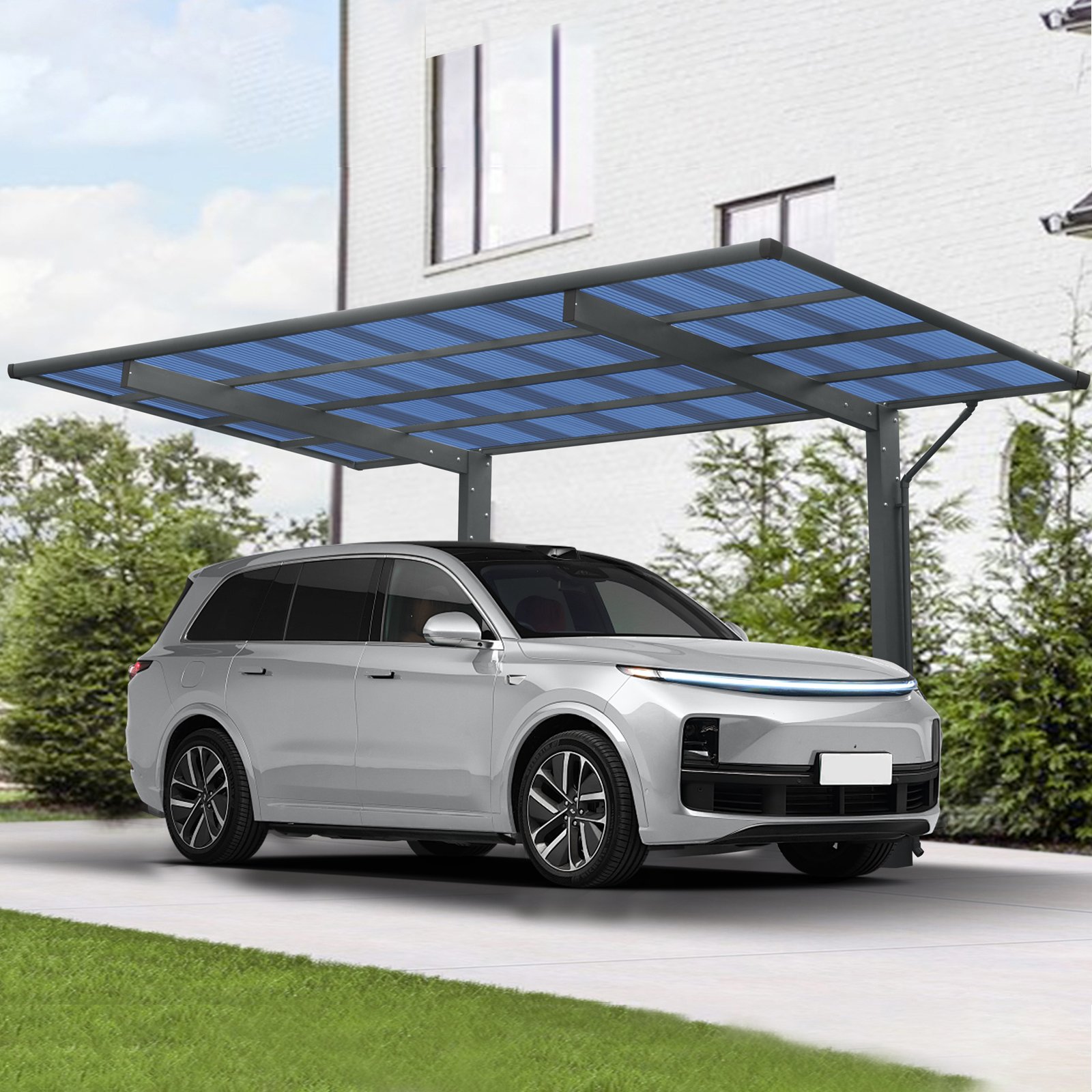 Outdoor Carport, Single Carport Aluminum Metal Frame And Polycarbonate Panels Car Port For Outdoor Driveway Car, Truck - Charcoal - Image 2