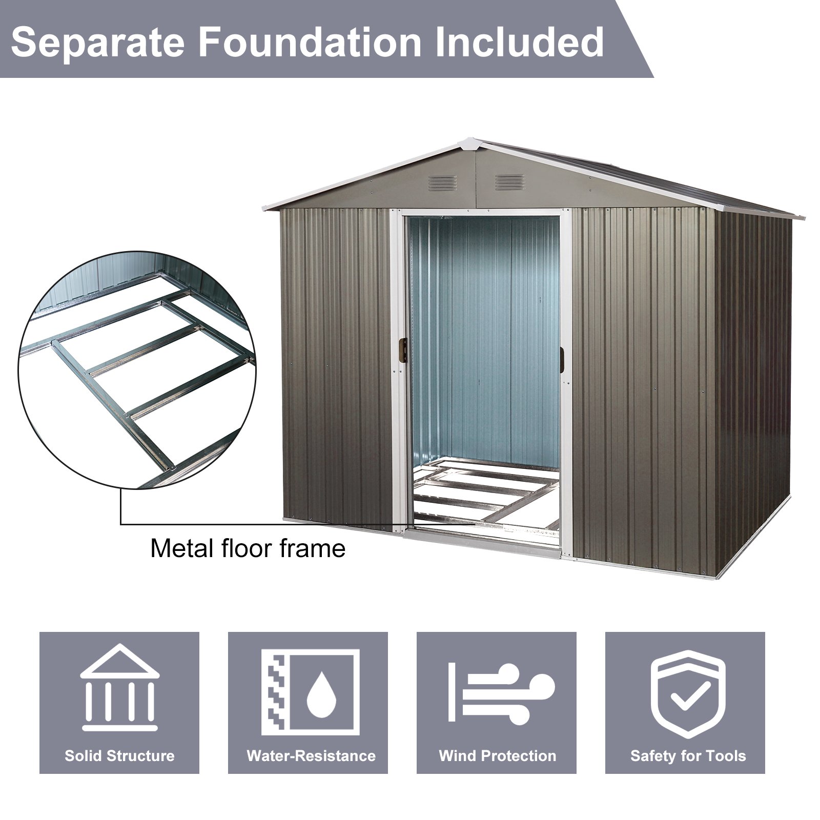8Ft x 6Ft Outdoor Metal Storage Shed With Floor Base (SKU: W540S00012) - Gray - Image 8
