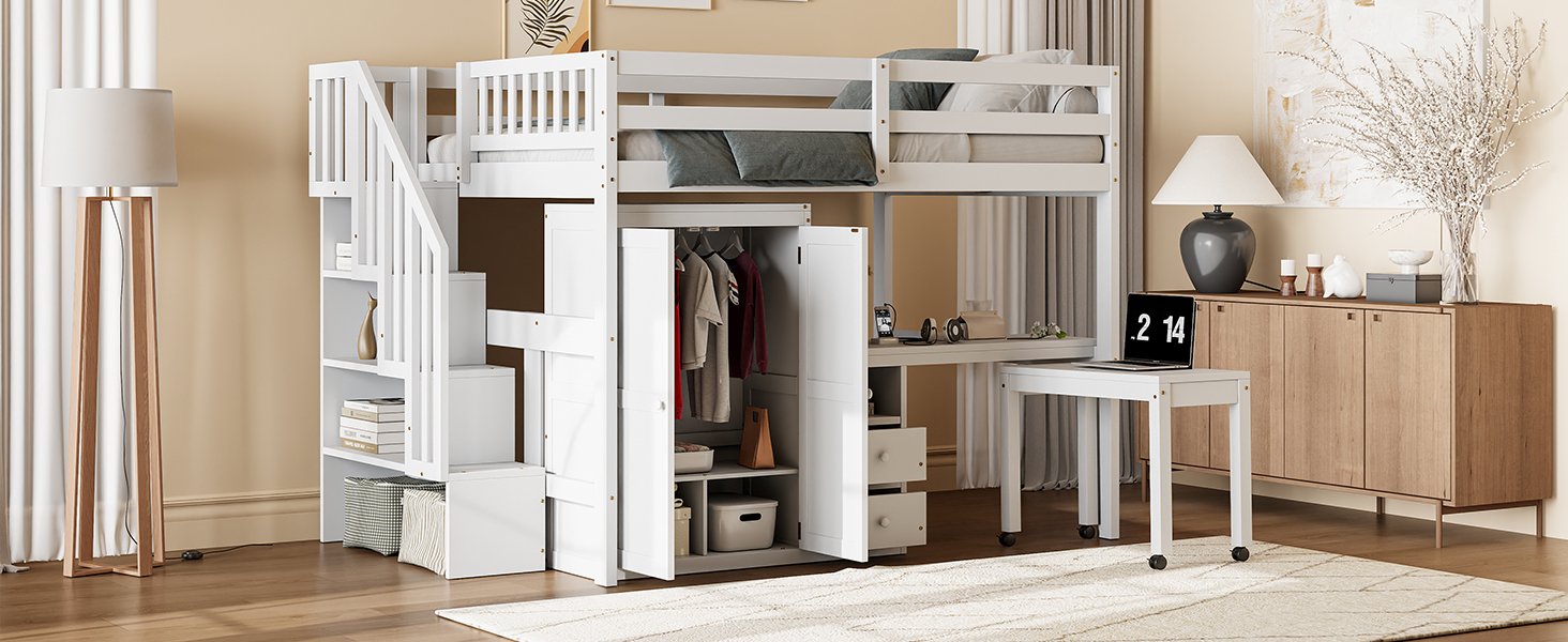 Full Size Loft Bed With Stairs, Bookshelf, Drawers, Desk & Wardrobe, Space Saving Multifunctional Furniture - White - Image 20