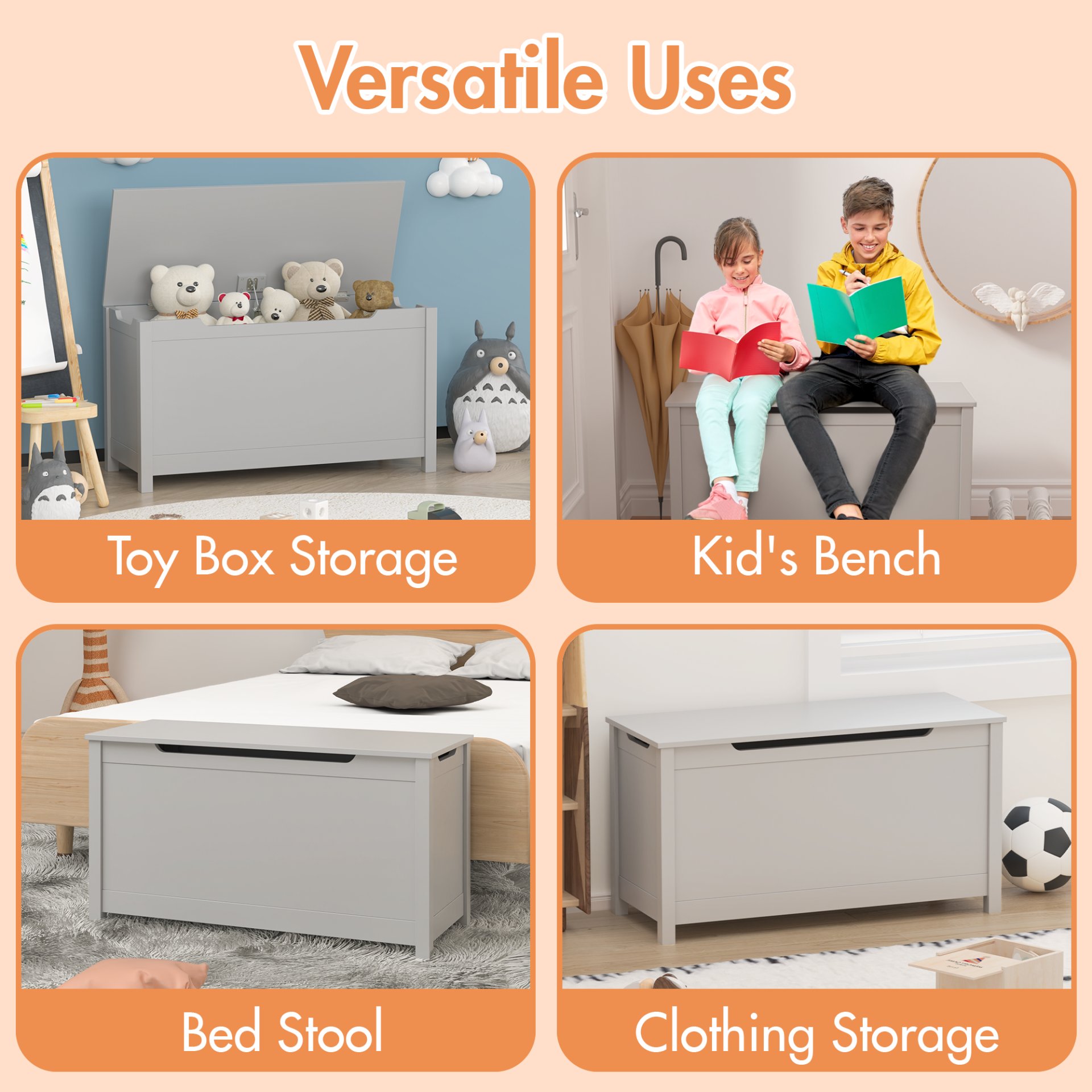 Kids Wooden Toy Box Storage With Safety Hinged Lid For Ages 2+ - Gray - Image 13
