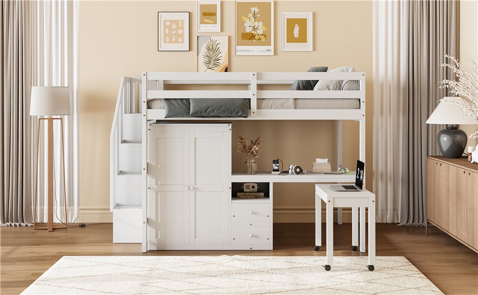 Full Size Loft Bed With Stairs, Bookshelf, Drawers, Desk & Wardrobe, Space Saving Multifunctional Furniture - White - Image 25