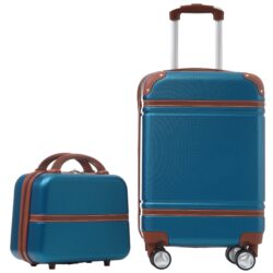 20" Hardside Luggage With Cosmetic Case, 2 Piece Lightweight Suitcase Set With Spinner Wheels, Carry On Vintage Luggage - Blue