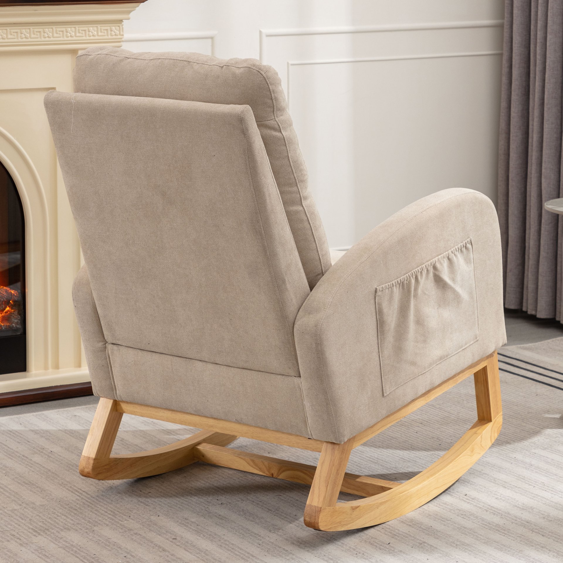 Accent Rocking Chair With Footrest High Back Rubber Wood Rocking Legs Bedroom Living Space - Beige - Image 8
